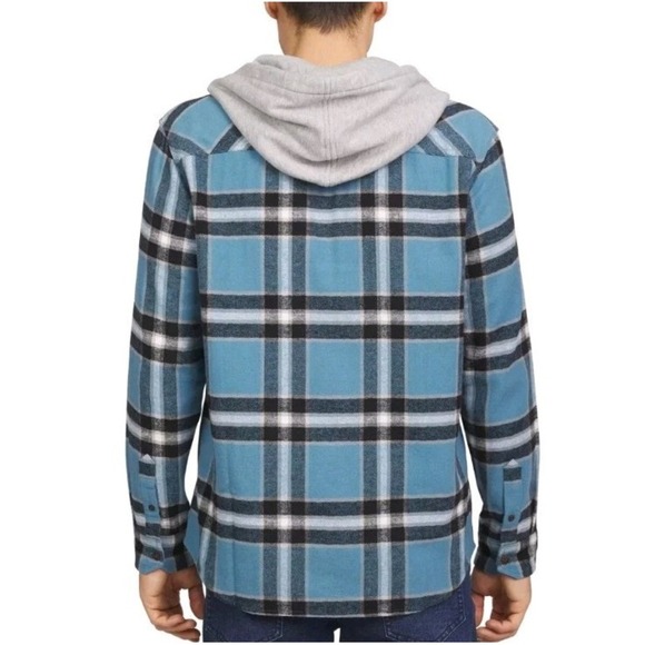 Quiksilver Men's Hooded Flannel, Hood With Drawstring, Midweight, Blue Medium - Picture 2 of 4